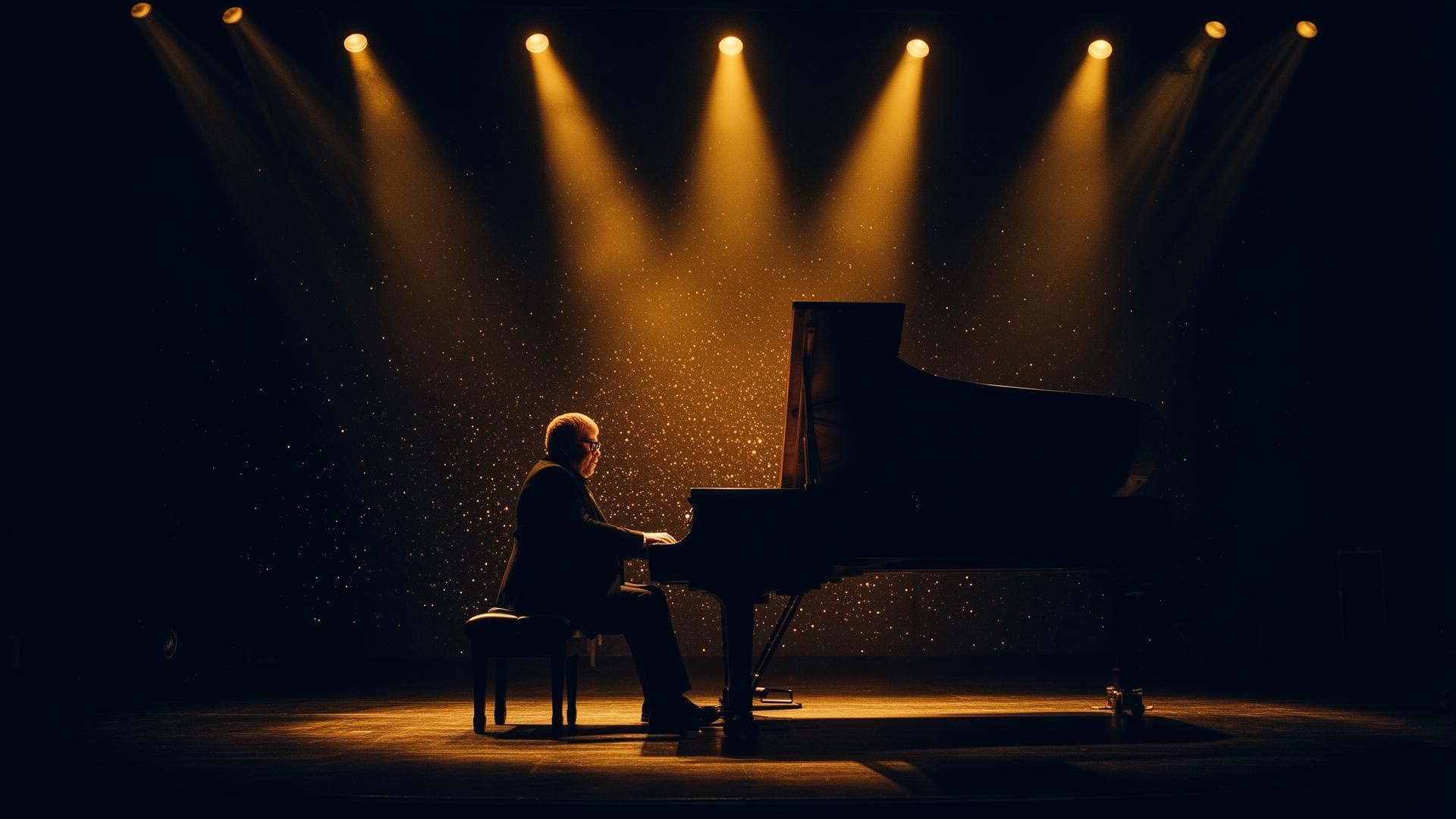 Pianist på scenen under gylne spotlys
